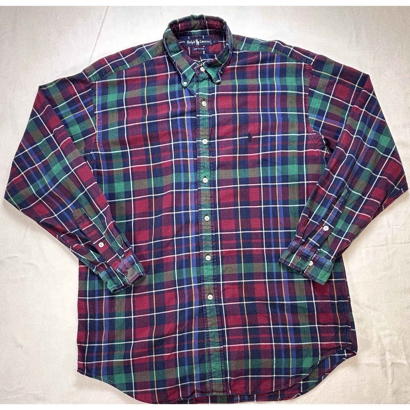 Vtg 90s Ralph Lauren Mens Flannel Shirt Large Red Plaid Long Sleeve Holiday